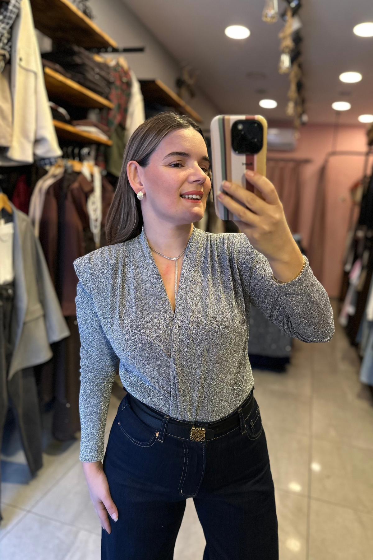 Vatkalı Simli Bodysuit - Gri