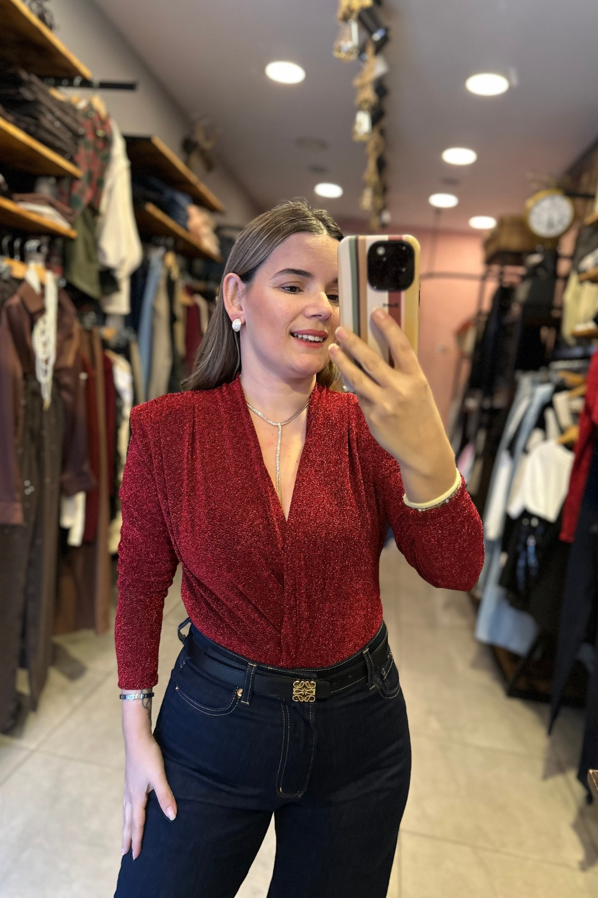 Vatkalı Simli Bodysuit - Kırmızı 