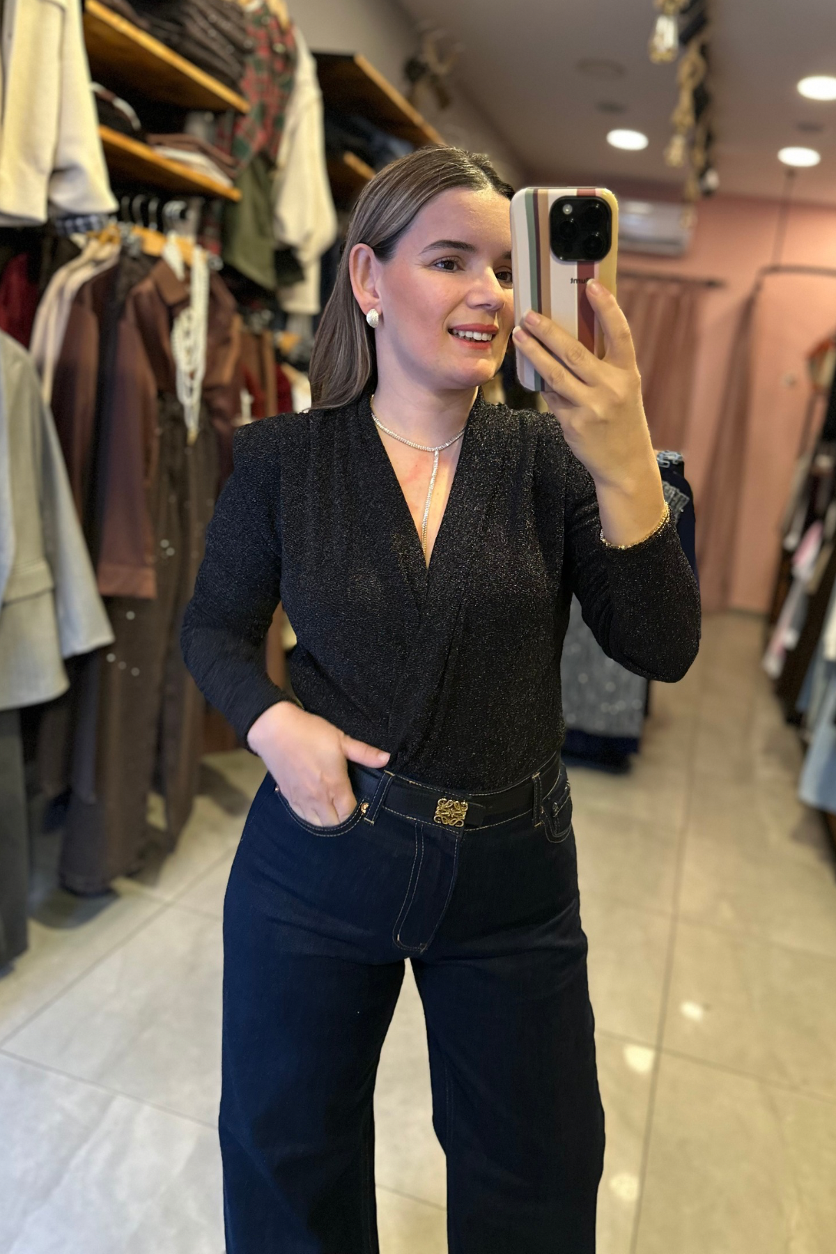 Vatkalı Simli Bodysuit - Siyah