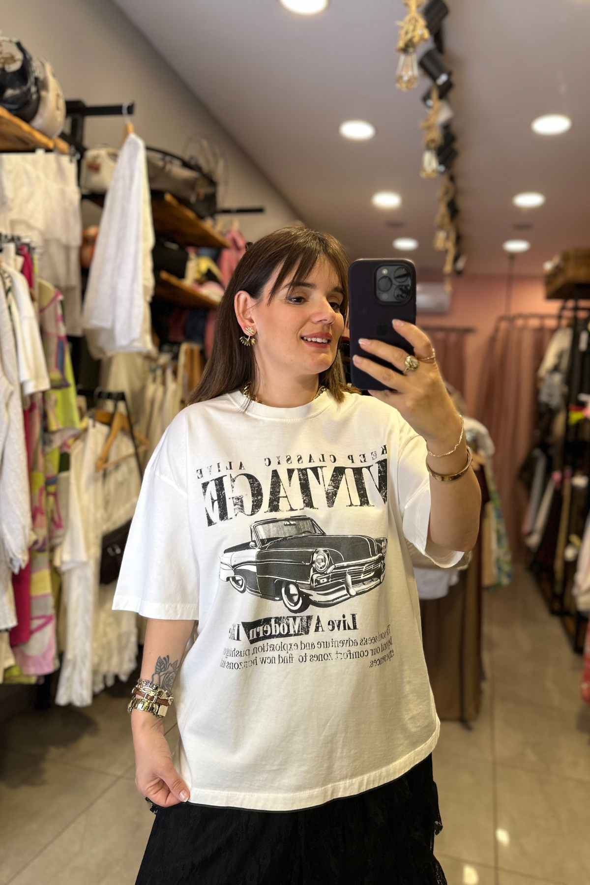 Vintage Car Baskılı Tişört - Krem