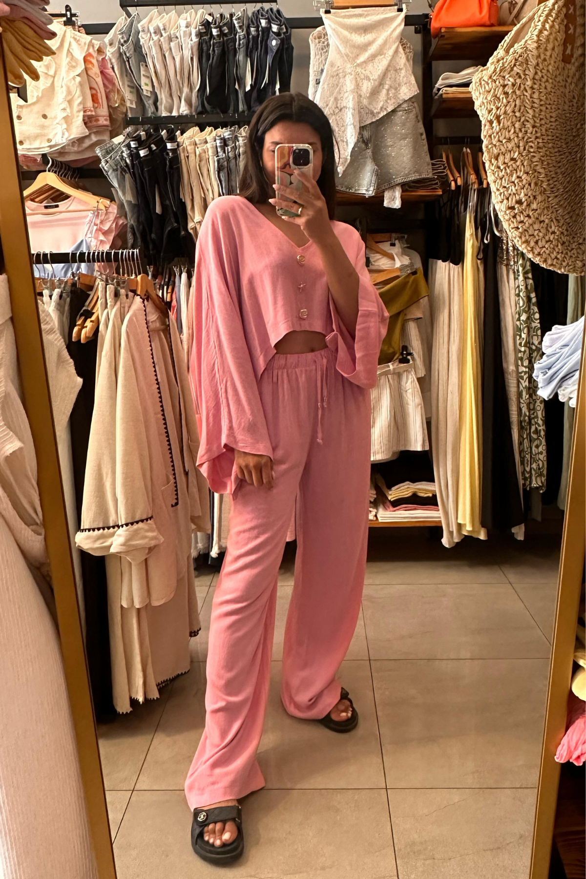 Yarasa Kol Düğme Detaylı Takım - Pembe 