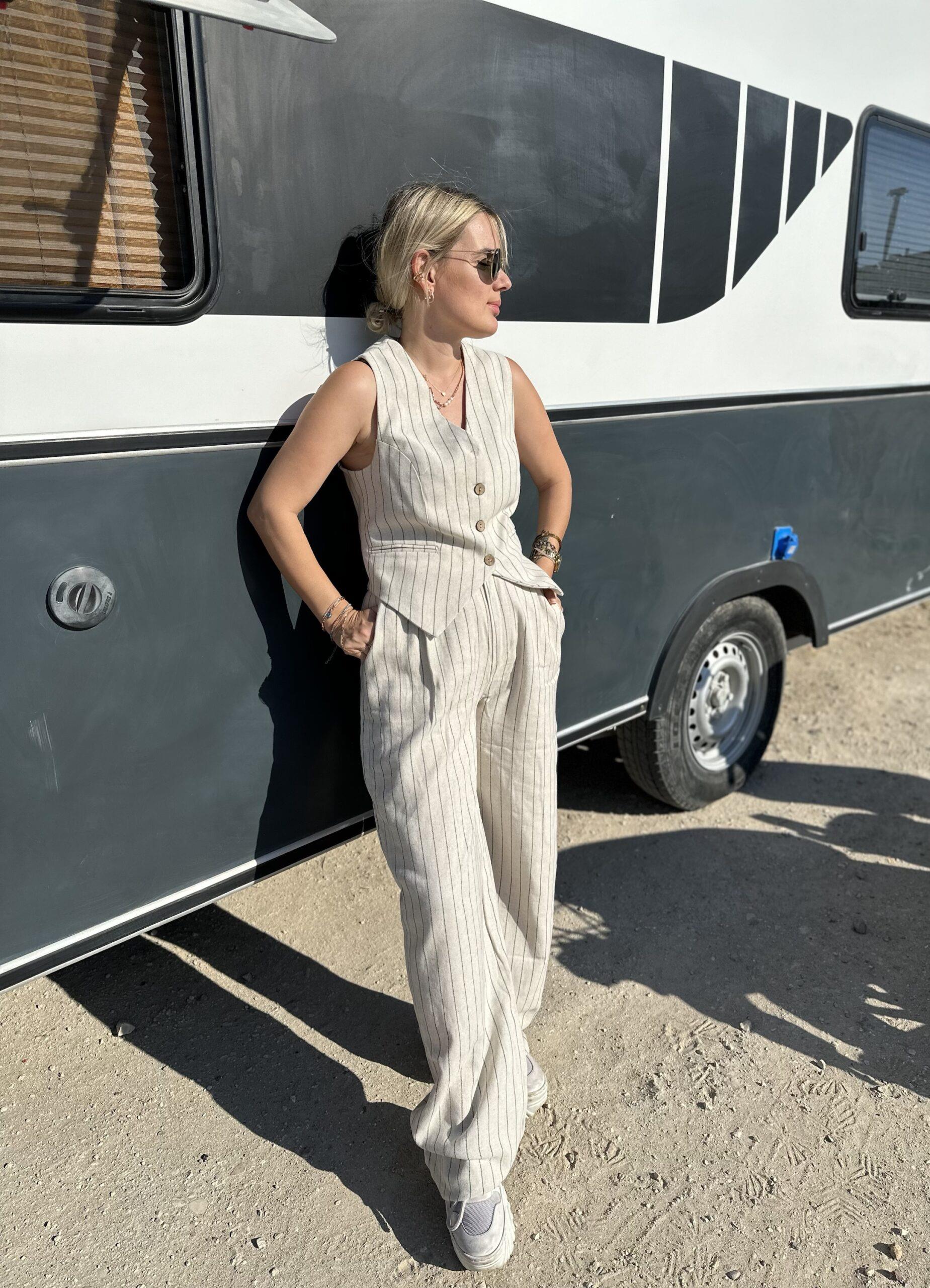 Yelek Palazzo Çizgili Takım