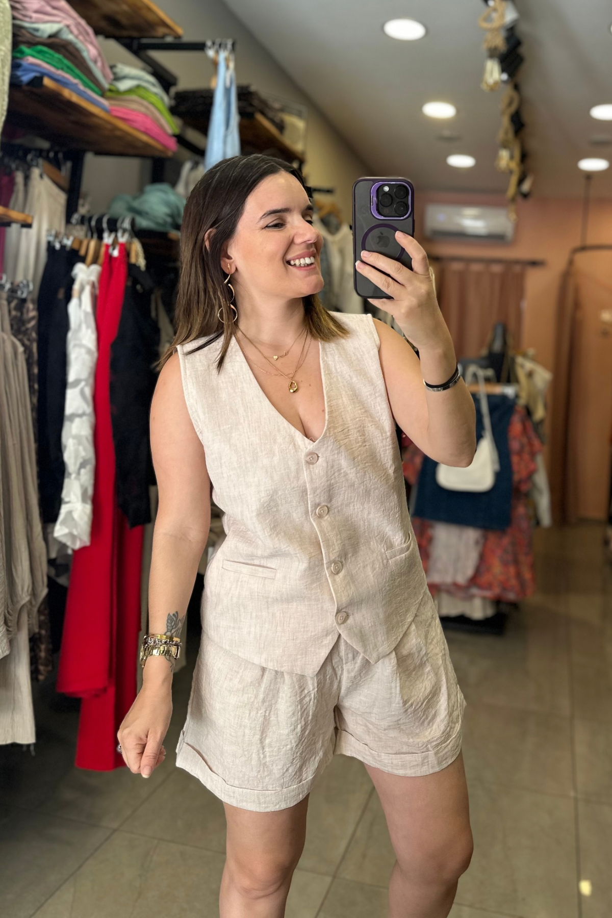 Yelek Şort Takım - Bej