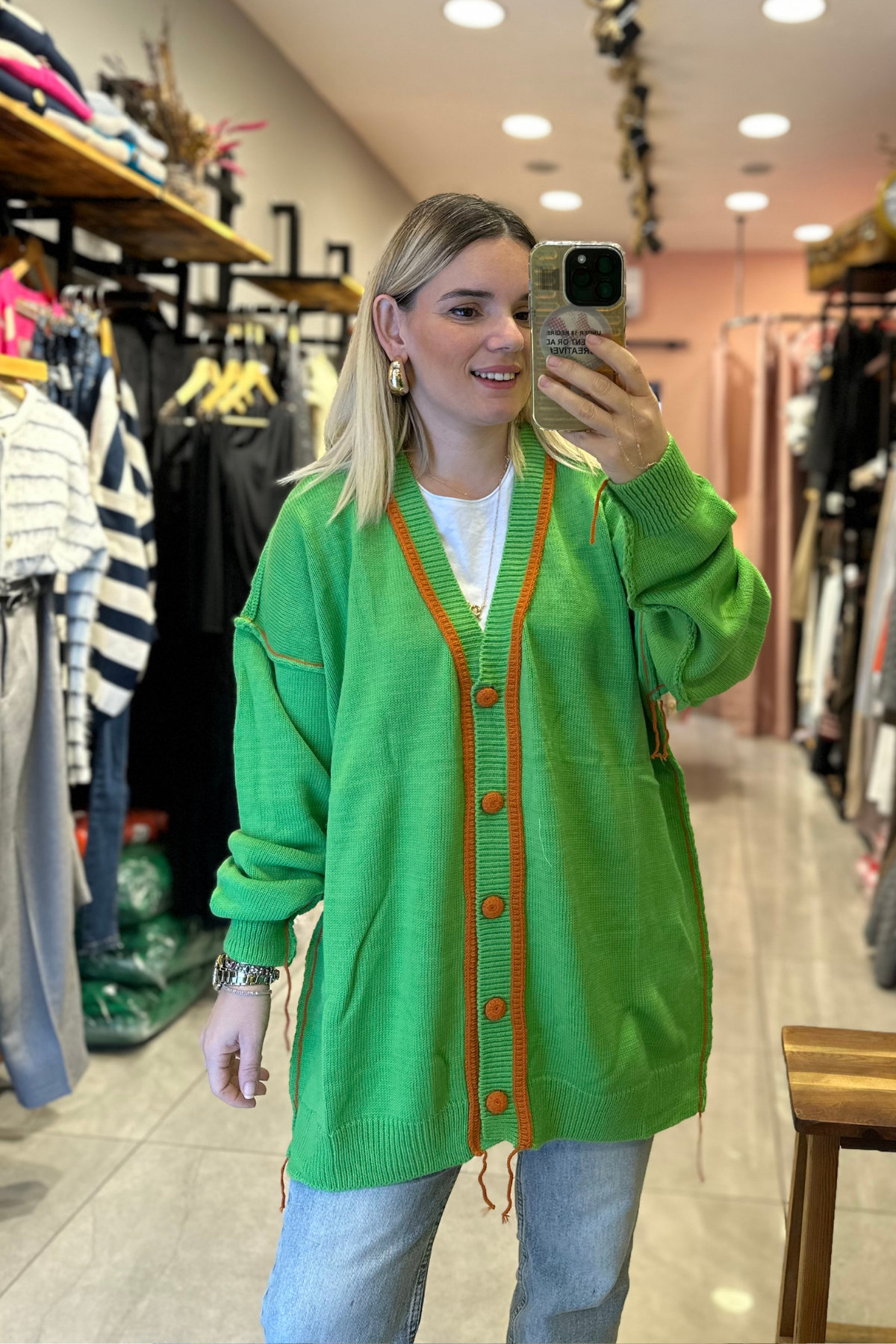 Yeşil dikiş detay hırka