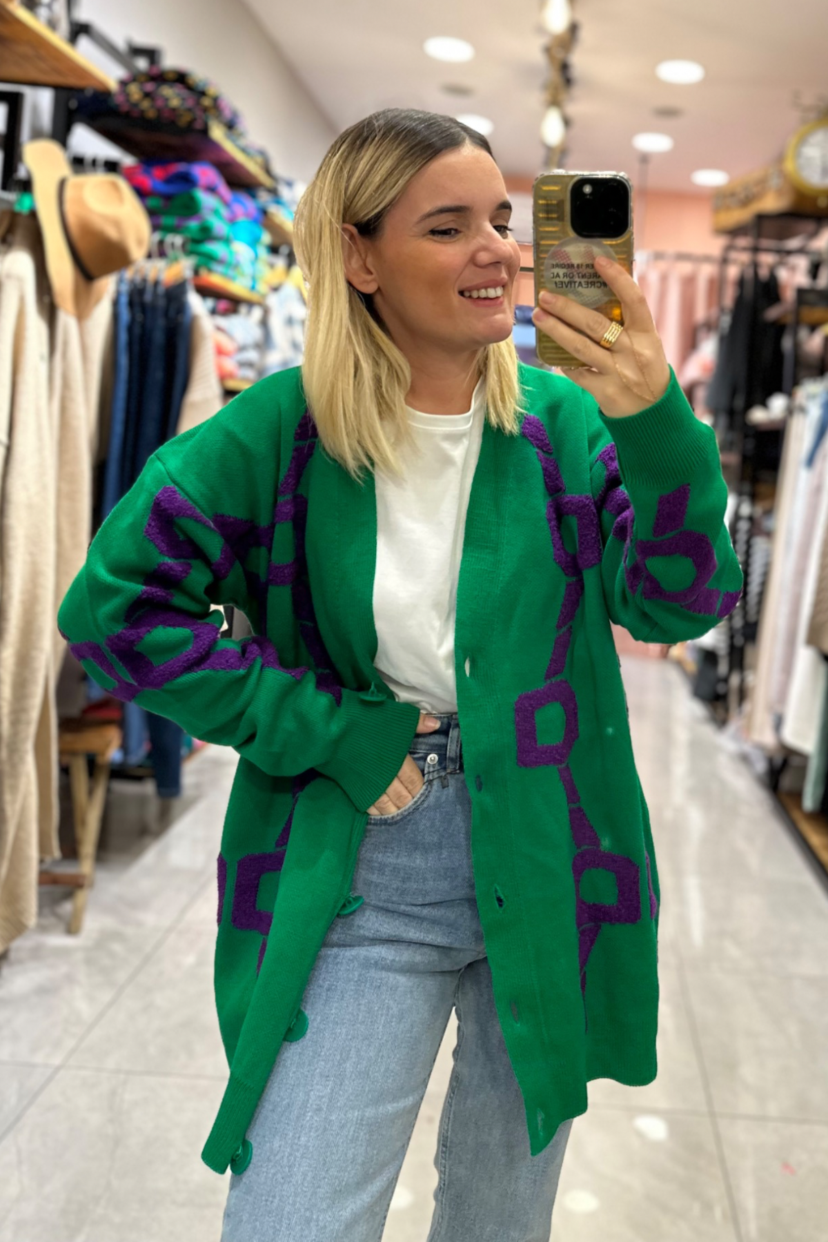 Yeşil mor detay hırka