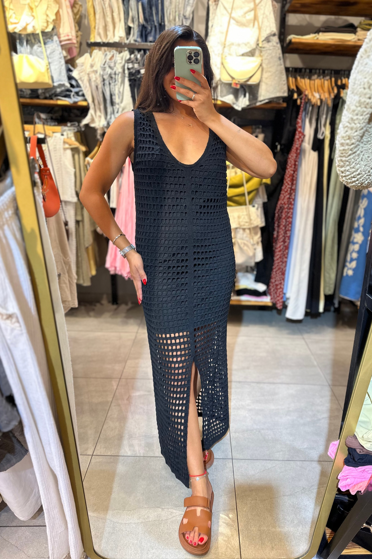 Yırtmaçlı Delikli Triko Elbise - Siyah