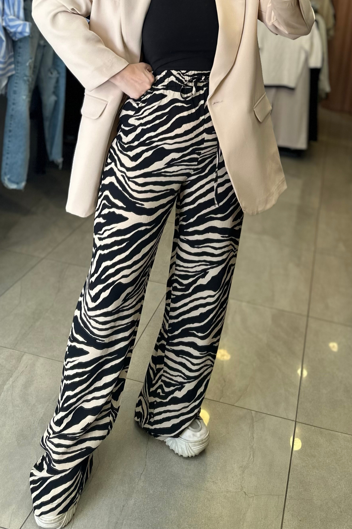 Zebra Desen Bel Bağlamalı Pantolon