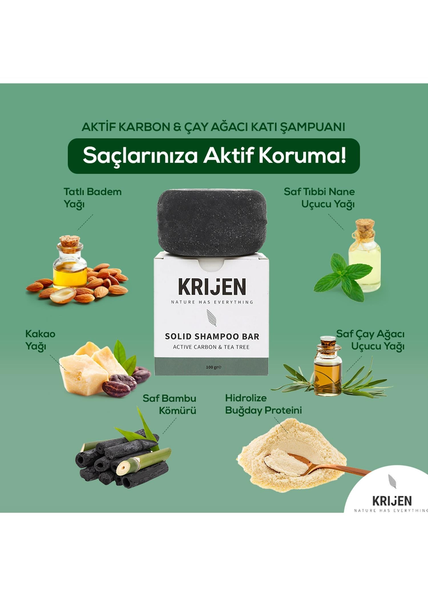 Krijen Aktif Karbon ve Çay Ağacı Katı Şampuanı 100 Gr