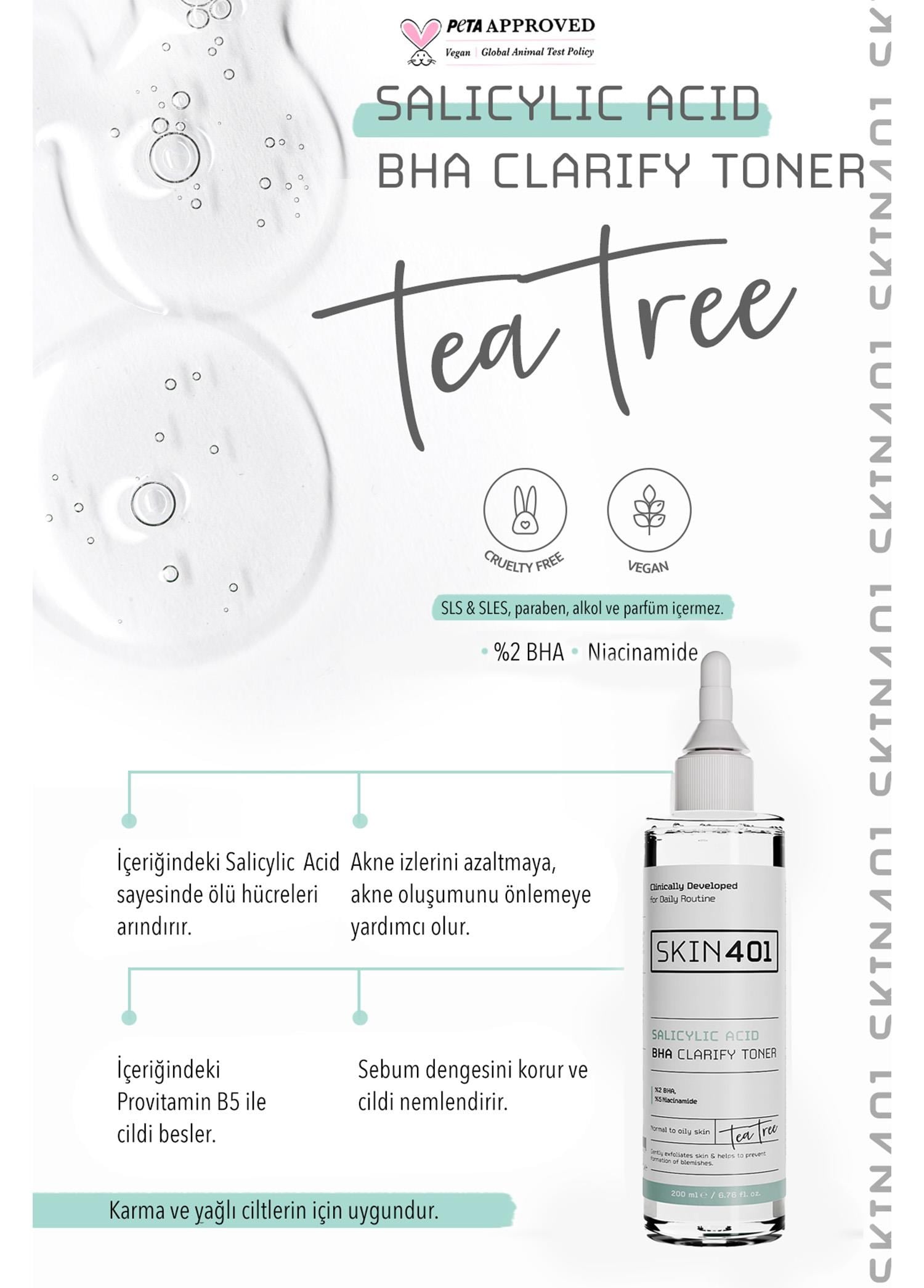 Skin401 %2 Salisilik Asit BHA Arındırıcı, Gözenek Sıkılaştırıcı Siyah Nokta Karşıtı Tonik 200ml