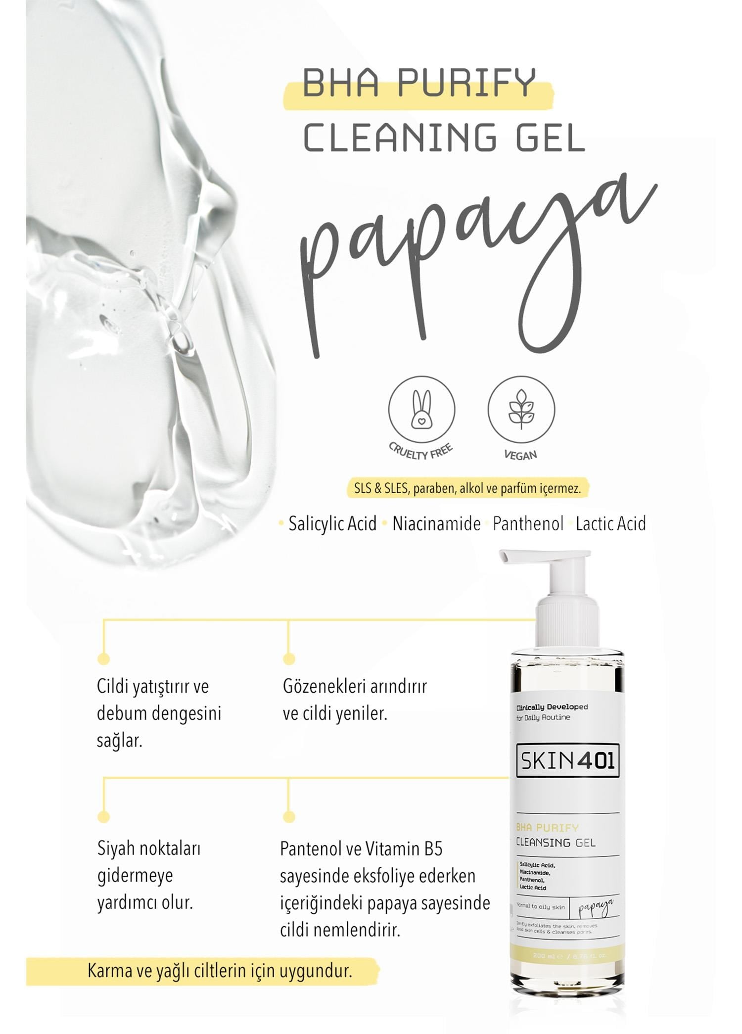 Skin401 BHA Arındırıcı Siyah Nokta Karşıtı Yüz Temizleme Jeli 200ml
