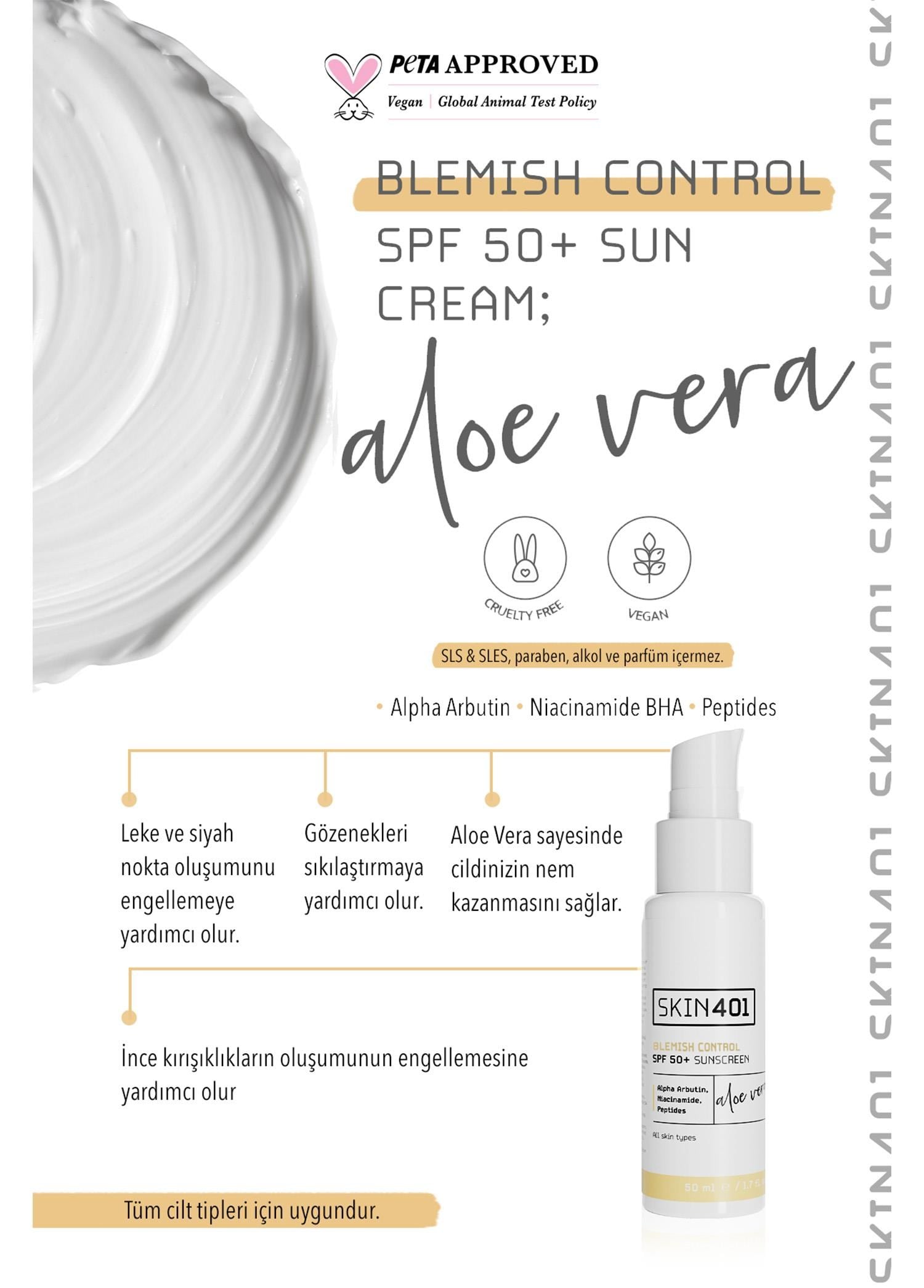 Skin401 SPF 50+ Leke Karşıtı Aloe Vera Nemlendiricili Güneş Kremi 50ml