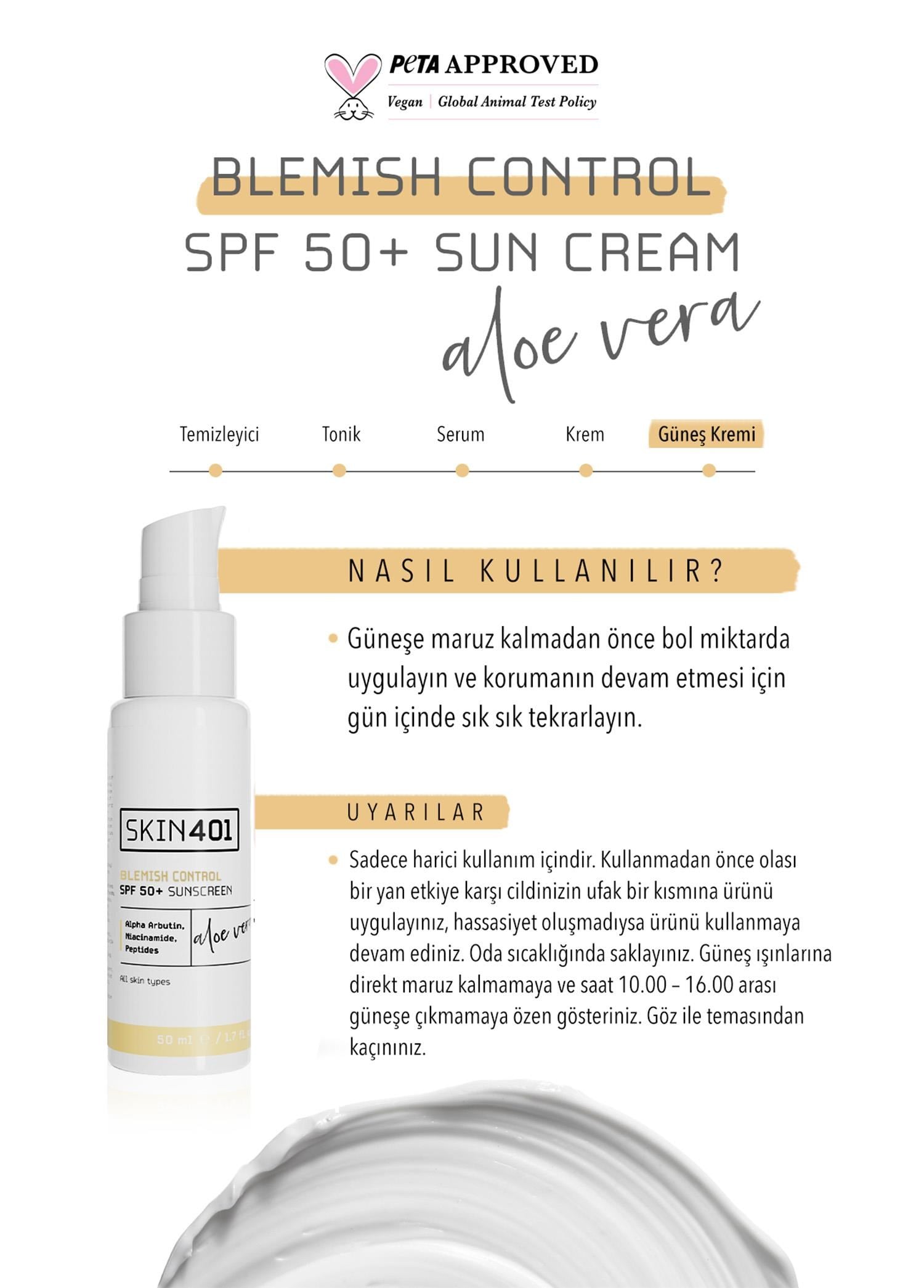 Skin401 SPF 50+ Leke Karşıtı Aloe Vera Nemlendiricili Güneş Kremi 50ml