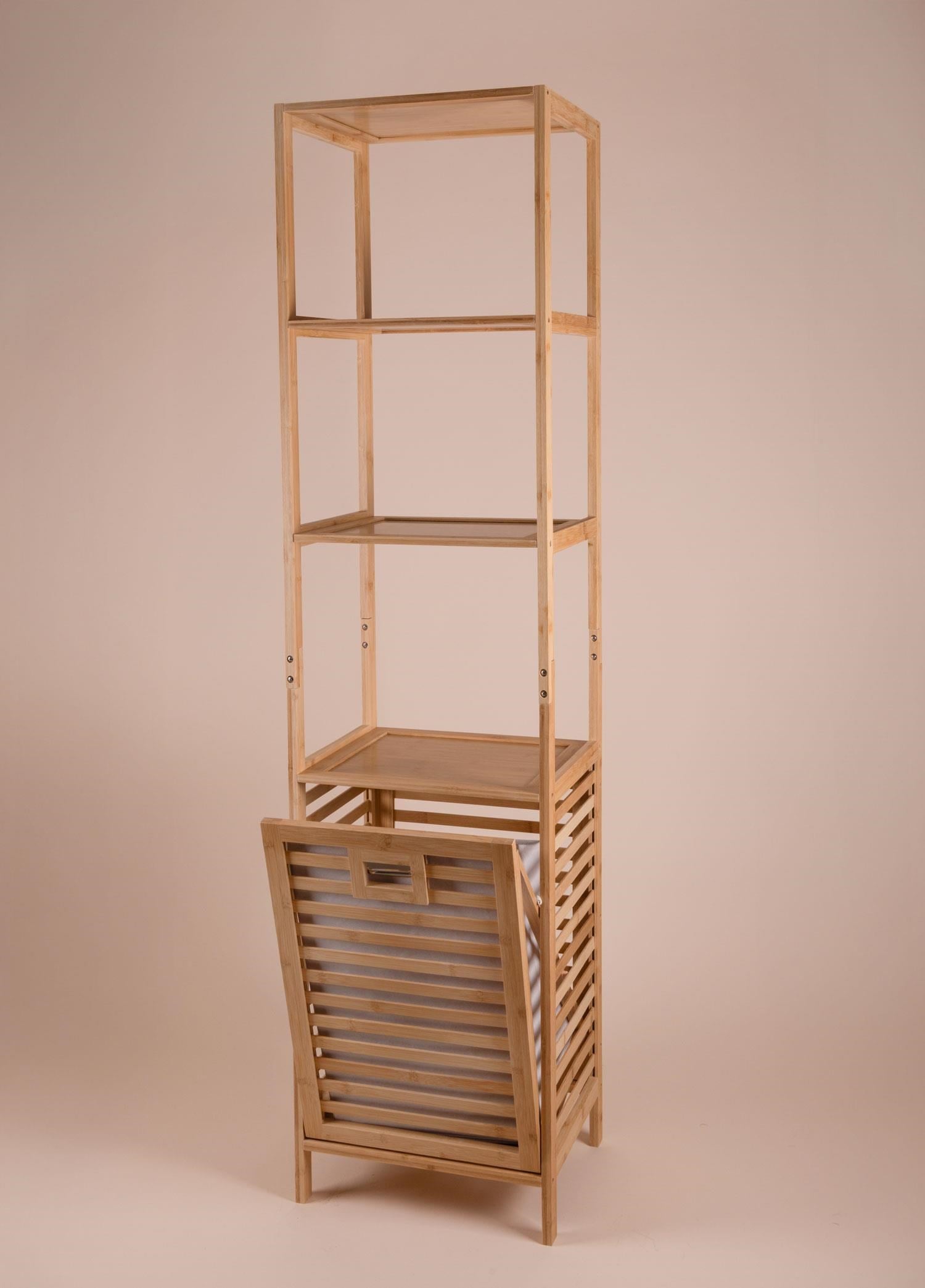 The Mia Bambu 4 Raflı Banyo Düzenleyici Dolap ve Çamaşır Sepeti 160x40x33 Cm