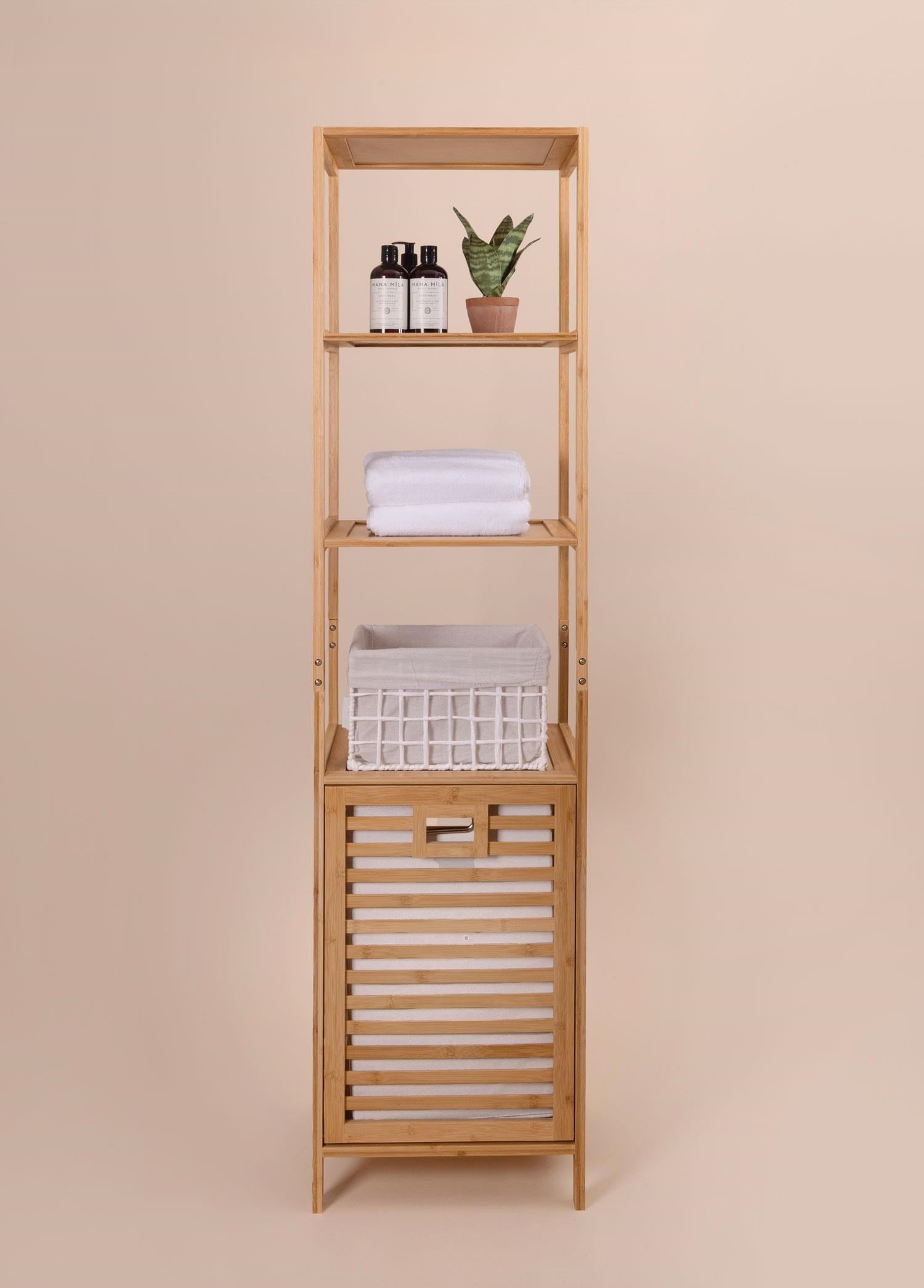 The Mia Bambu 4 Raflı Banyo Düzenleyici Dolap ve Çamaşır Sepeti 160x40x33 Cm