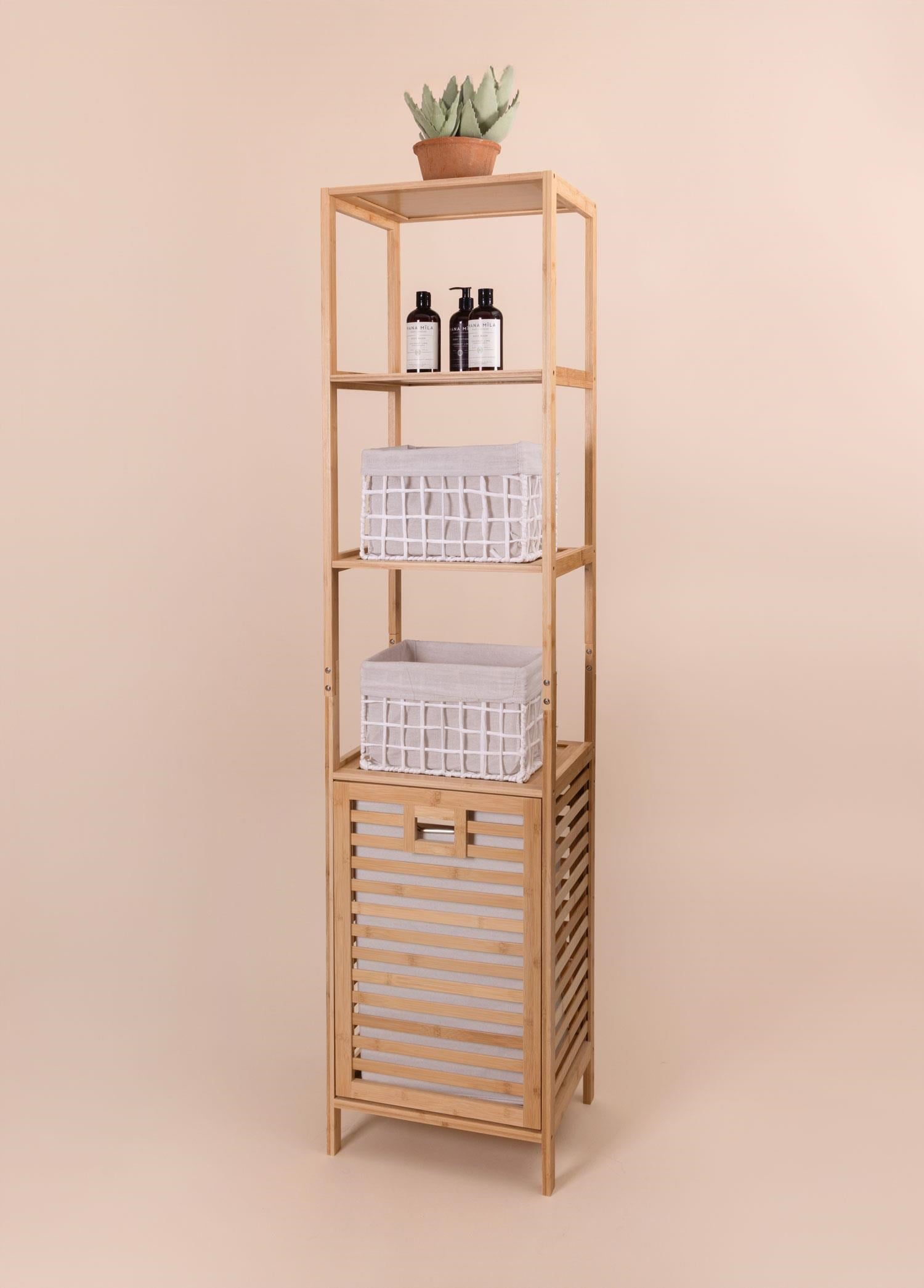 The Mia Bambu 4 Raflı Banyo Düzenleyici Dolap ve Çamaşır Sepeti 160x40x33 Cm