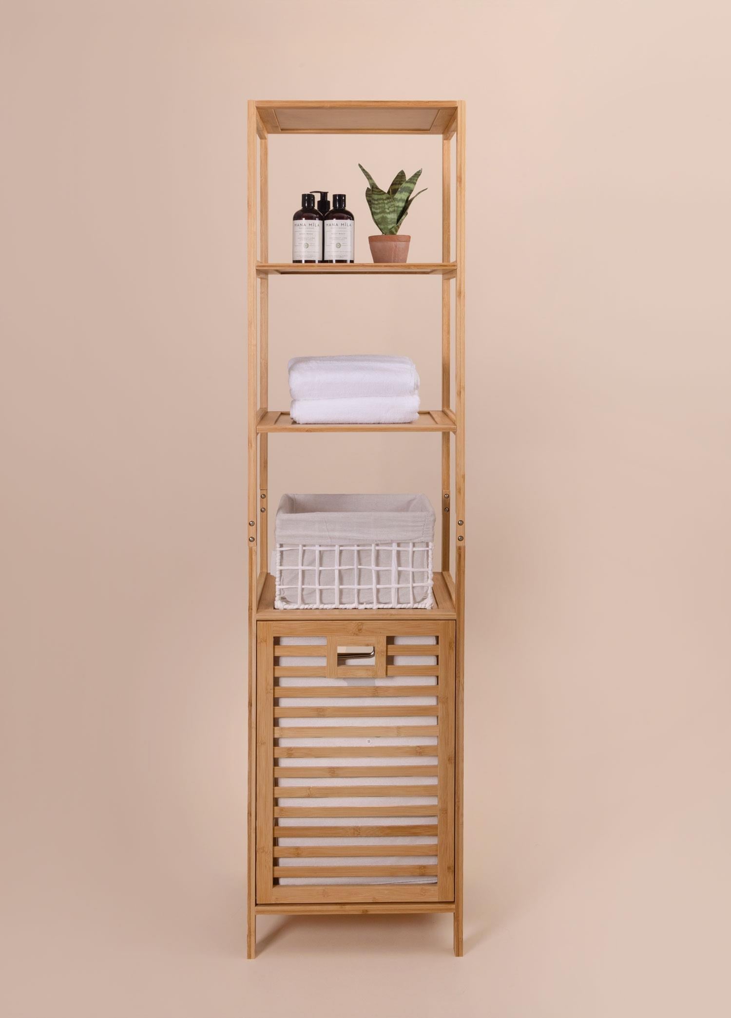 The Mia Bambu 4 Raflı Banyo Düzenleyici Dolap ve Çamaşır Sepeti 160x40x33 Cm
