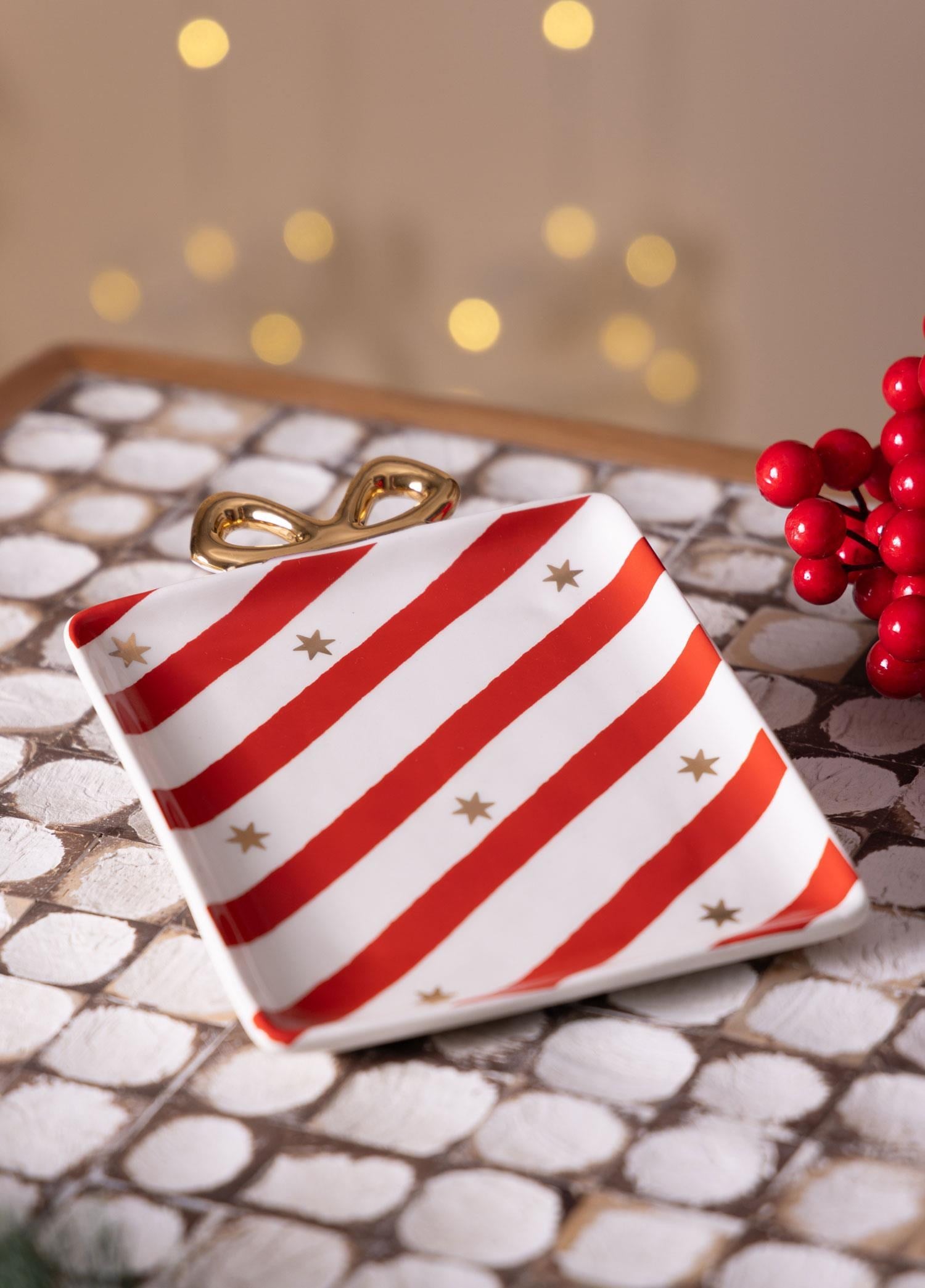The Mia Fiyonk Figürlü Servis Tabağı Beyaz Çizgili 22x17cm