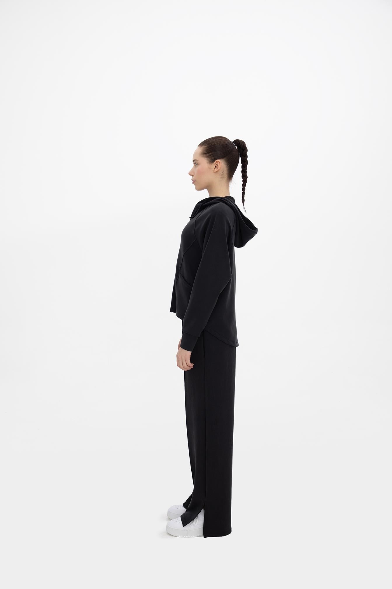 Oma Kapşonlu Fermuarlı Sweat Jet Black M