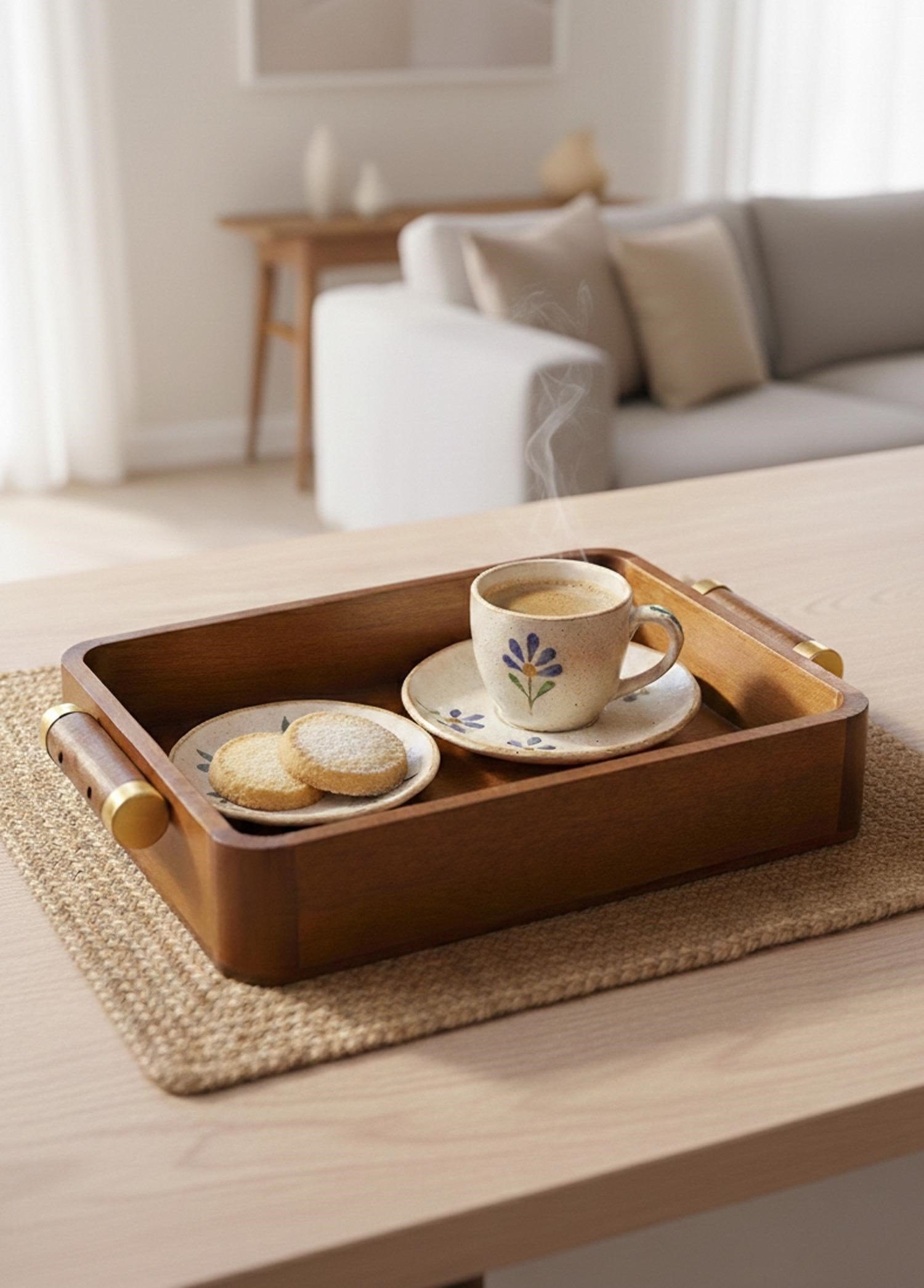 The Mia Natura Akasya Metal Kulplu Tepsi Gold 35x23x6 cm