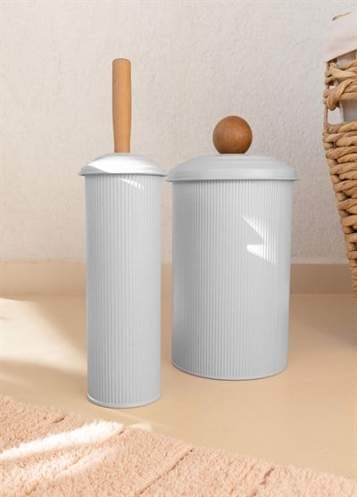 The Mia Stripe Çöp Kovası Tuvalet Fırçası Banyo Seti Beyaz