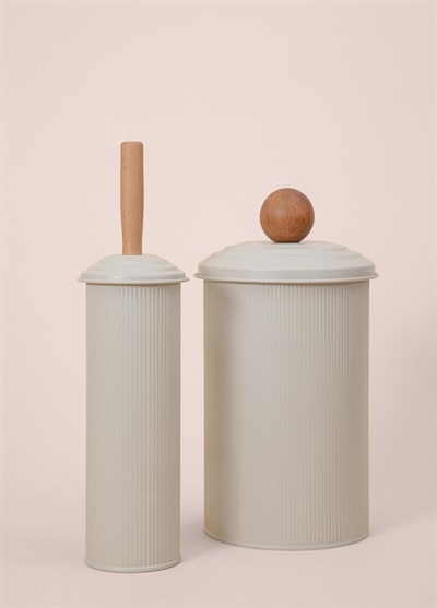 The Mia Stripe Çöp Kovası Tuvalet Fırçası Banyo Seti Bej