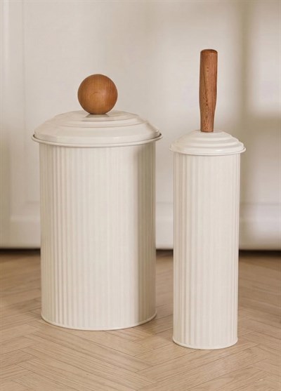 The Mia Stripe Çöp Kovası Tuvalet Fırçası Banyo Seti Bej