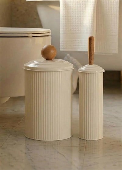 The Mia Stripe Çöp Kovası Tuvalet Fırçası Banyo Seti Bej
