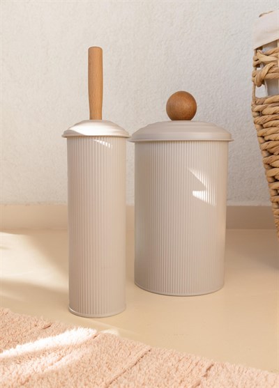 The Mia Stripe Çöp Kovası Tuvalet Fırçası Banyo Seti Bej