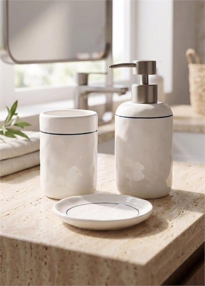 The Mia Pure Banyo Seti Beyaz Mavi 3 Parça