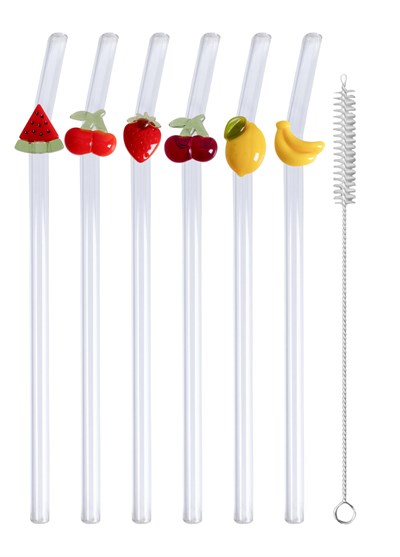 The Mia 6lı Cam Meyve Dekorlu Pipet Seti