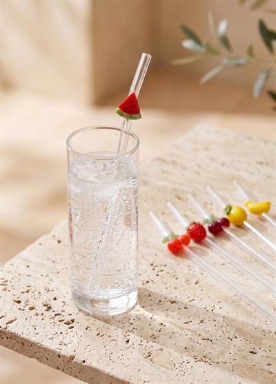 The Mia 6lı Cam Meyve Dekorlu Pipet Seti