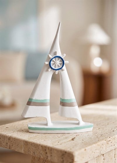 The Mia Retro Marin Çift Yelkenli Mavi Dümenli Biblo 19 cm
