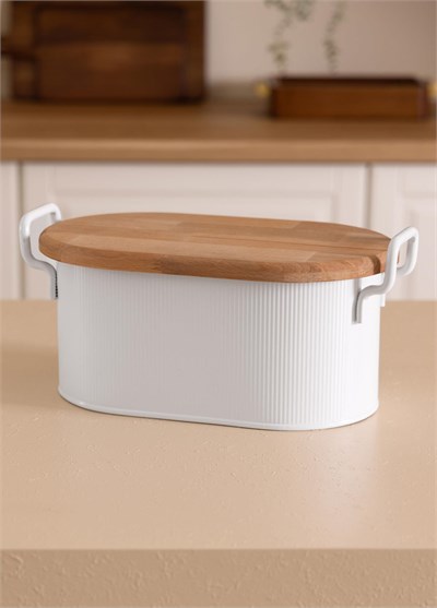 The Mia Stripe Ahşap Kapaklı Ekmek Saklama Kutusu Beyaz 40x22x18 cm