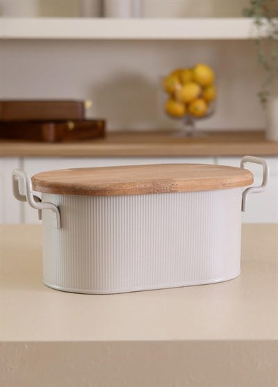 The Mia Stripe Ahşap Kapaklı Ekmek Saklama Kutusu Bej 40x22x18 cm