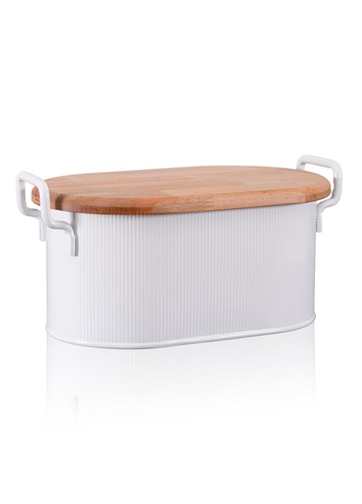 The Mia Stripe Ahşap Kapaklı Ekmek Saklama Kutusu Beyaz 40x22x18 cm