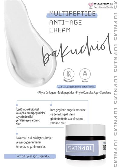 Skin401 Multipeptit Bakuchiol (Vegan Retinol) Yaşlanma ve Kırışıklık Karşıtı Krem 50ml