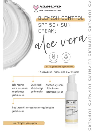 Skin401 SPF 50+ Leke Karşıtı Aloe Vera Nemlendiricili Güneş Kremi 50ml