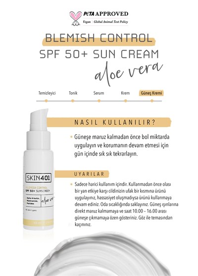 Skin401 SPF 50+ Leke Karşıtı Aloe Vera Nemlendiricili Güneş Kremi 50ml