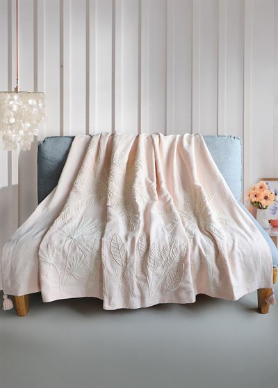 The Mia Throw Koltuk Şalı Püsküllü Pudra 170x130