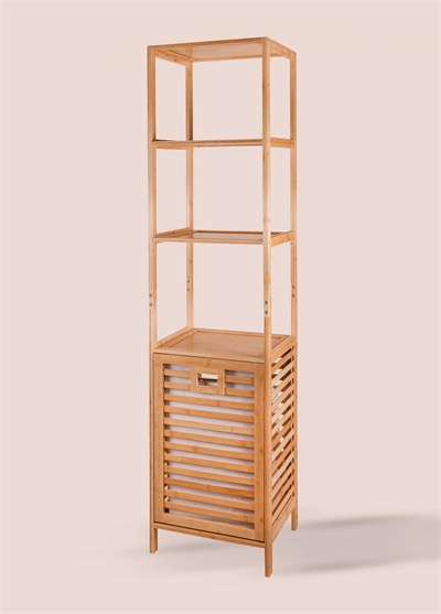 The Mia Bambu 4 Raflı Banyo Düzenleyici Dolap ve Çamaşır Sepeti 160x40x33 Cm