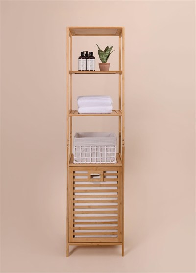 The Mia Bambu 4 Raflı Banyo Düzenleyici Dolap ve Çamaşır Sepeti 160x40x33 Cm