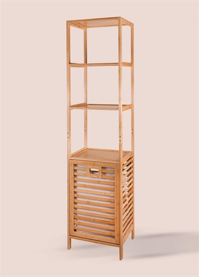 The Mia Bambu 4 Raflı Banyo Düzenleyici Dolap ve Çamaşır Sepeti 160x40x33 Cm