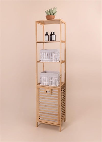 The Mia Bambu 4 Raflı Banyo Düzenleyici Dolap ve Çamaşır Sepeti 160x40x33 Cm