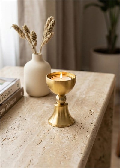 The Mia Brass Pirinç Şamdan ve Tealight Mumluk 9 Cm