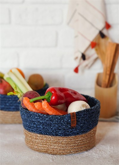 The Mia Jutte Yuvarlak Sepet Bambu Lacivert 20x13 Cm