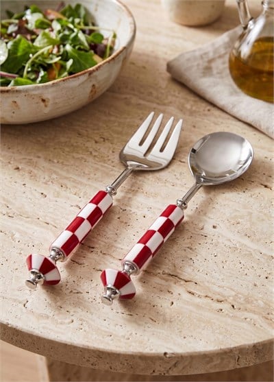 The Mia Gingham Salata Servis Takımı Kırmızı Beyaz 2 Parça