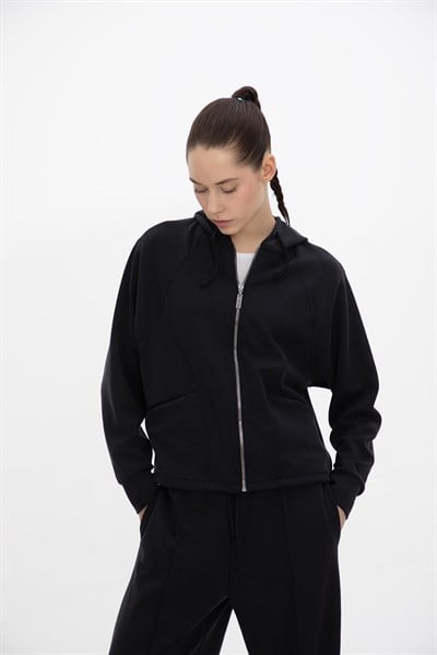Oma Kapşonlu Fermuarlı Sweat Jet Black M