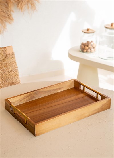 The Mia Natura Akasya Metal Kulplu Tepsi Gold 38x26x5 cm