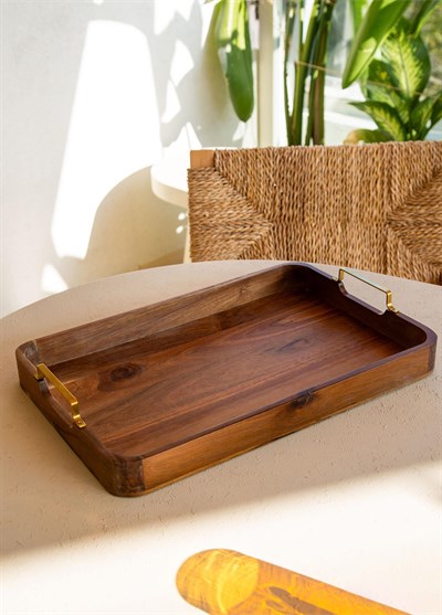 The Mia Natura Metal Kollu Akasya Tepsi 45x30 cm