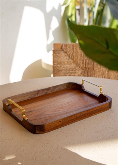 The Mia Natura Metal Kollu Akasya Tepsi 30x23 cm